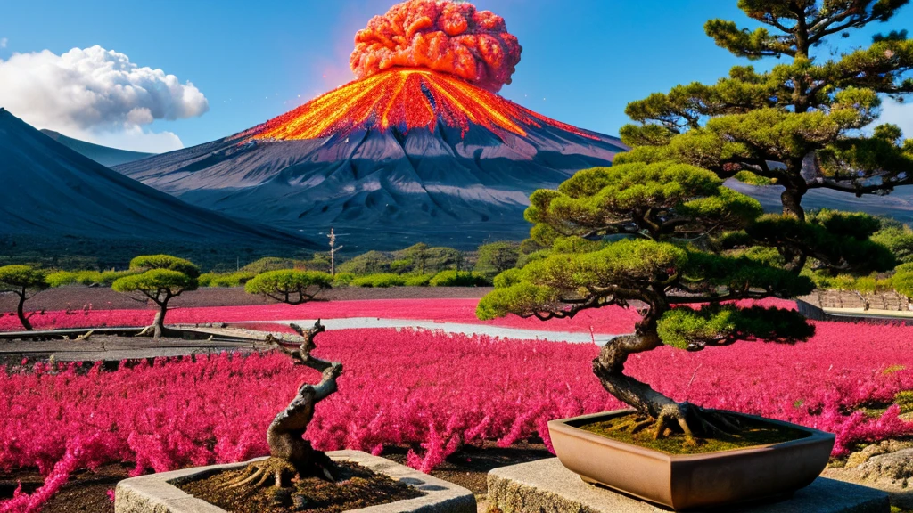 wallpaper. connecting Japanese culture and eruptic of volcano, 4k, beatiful landspace, pink bonsai tree,
