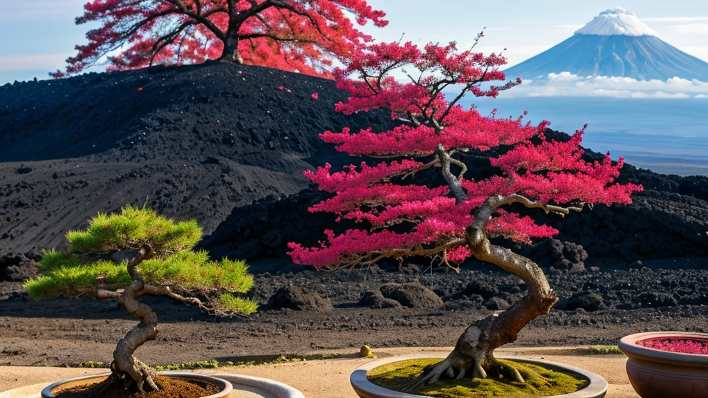 wallpaper. connecting Japanese culture and eruptic of volcano, 4k, beatiful landspace, pink bonsai tree,
