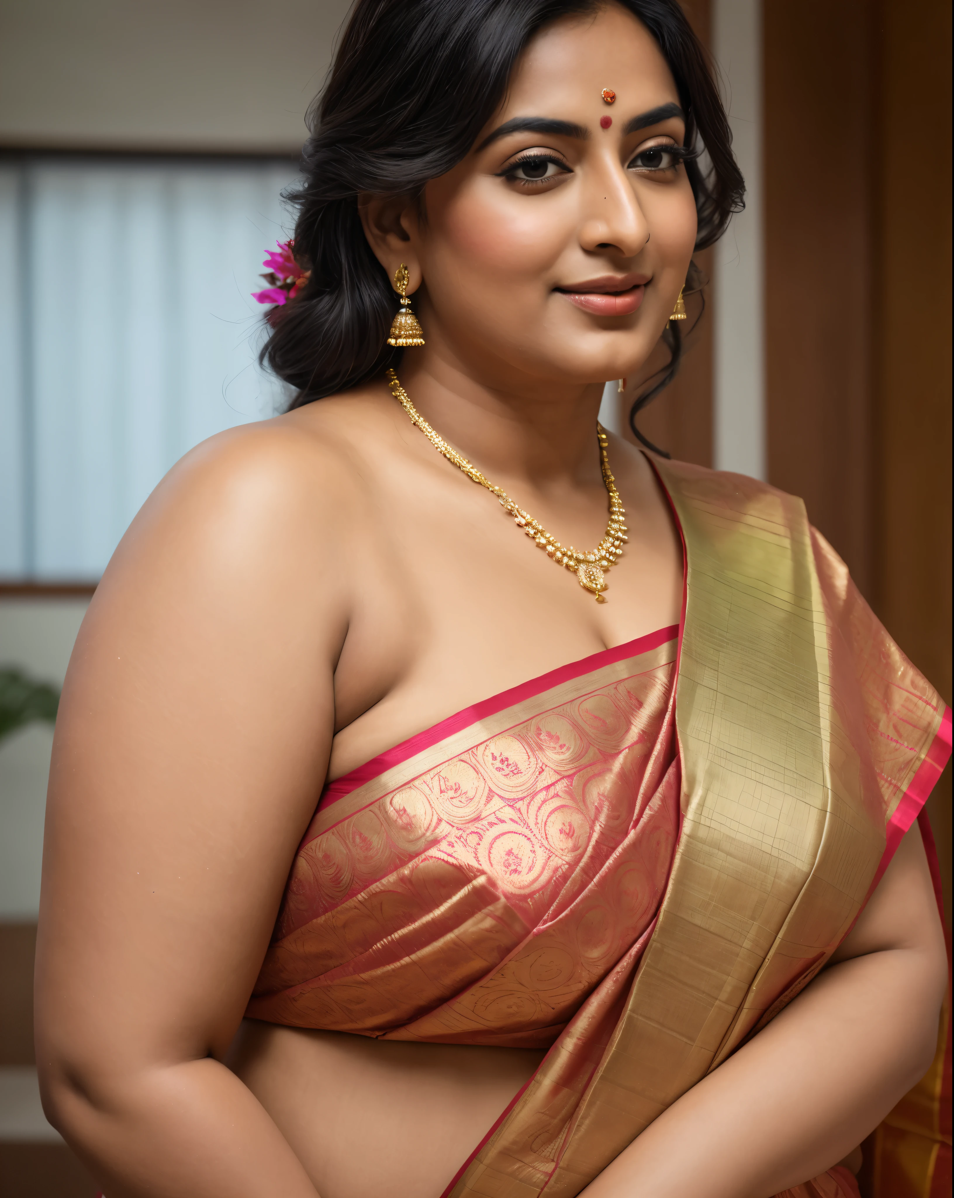 Foto RAW, photorealistic, photography, full body shot, master shot, perfect eyes, goddess like beauty, pierced eyes, perfect thick chubby mallu Desi aunty bhabhi, Wearing a Stanapatta, a chest-band.Saree model, model Photography, Indian saree shoot, Indian traditional wear advertising photography, traditional wear brand shoot, face of Indian actress Sonakshi Sinha, masterpiece, realistic, realism, incredible details, pleasure, photorealism, detailed skin, skin pores, high contrast, photorealistic Artstation 8k HD digital art trend of high definition and detailed realistic skin texture, ultra detail, realistic skin texture, armature, best quality, ultra high definition, (photorealistic:1.4),, high resolution, detail, raw photo, sweat, Re sharp, by Lee Jefferies Nikon D850 Film Stock Photo 4 Kodak Portra 400 Camera F1.6 Lens Rich Color Ultra Real Realistic Realistic Textures Dramatic Lighting Unreal Engine Trending at Art Station Cinestill 800,(pele altamente detalhada: 1.2), 8k UHD, DSLR, soft-lighting, alta qualidade, grain of film, Fujifilm XT3,she didn't like to wear blouse or bra, she is happy to wear only saree, she hates blouse or bra, detailed hairy armpits, hyper realistic skin, skin pores, sweat, veins,