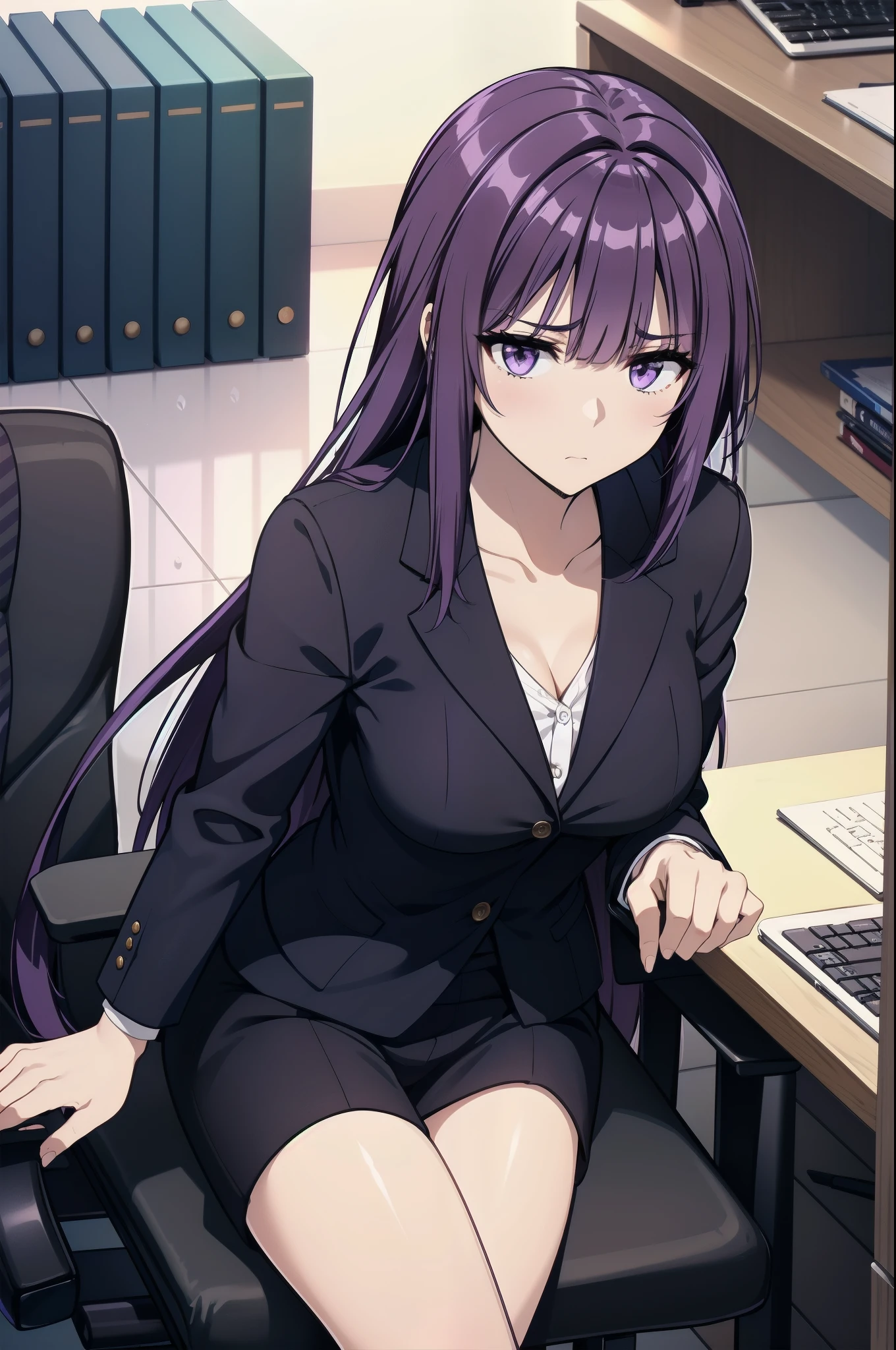 purple hair,,long hairpurple eyes,(((office suit,)))(disgust,looking disgusted, abhore),in the office,sitting on the office chair
