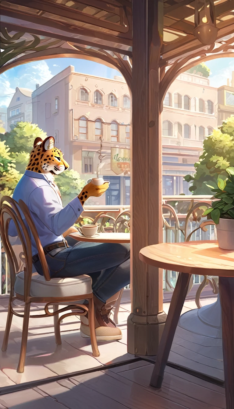 ((Masterpiece)), ((Best Quality)), (Very Detailed), ((Very Detailed)), 4K, (8K), very aesthetic, absurdres highres, 1man, anthropomorphic cheetah, furry, kemono, A man in a casual shirt and jeans is relaxing on a chair and drinking tea on the terrace of a city cafe. There is a teacup in his hand, a plant and a cafe sign can be seen in the background. Bright daylight shines through and you can see the silhouettes of people walking down the street.