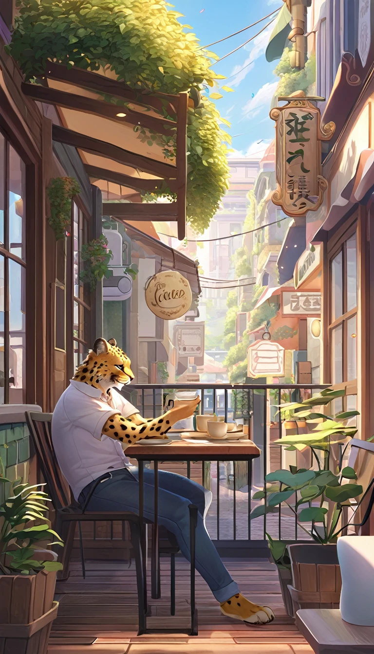 ((Masterpiece)), ((Best Quality)), (Very Detailed), ((Very Detailed)), 4K, (8K), very aesthetic, absurdres highres, 1man, anthropomorphic cheetah, furry, kemono, A man in a casual shirt and jeans is relaxing on a chair and drinking tea on the terrace of a city cafe. There is a teacup in his hand, a plant and a cafe sign can be seen in the background. Bright daylight shines through and you can see the silhouettes of people walking down the street.