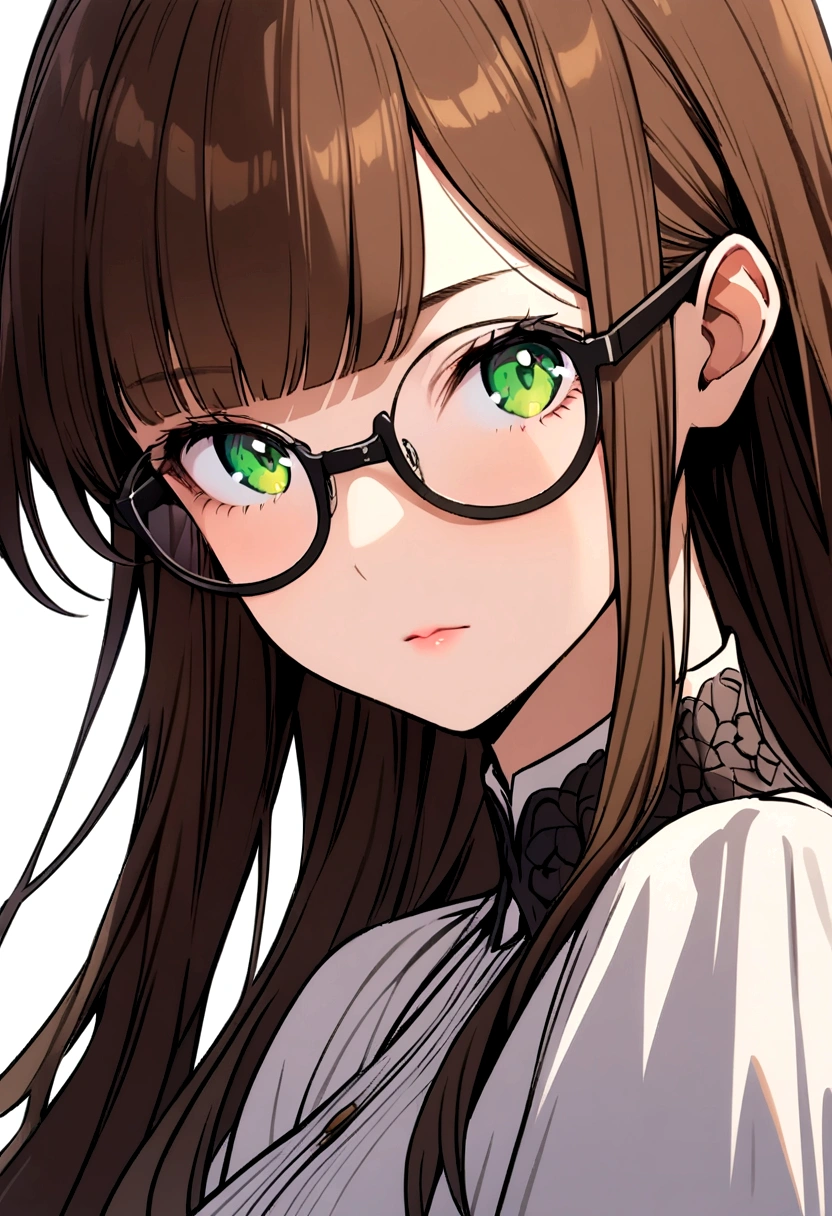 Girl with bangs, green eyes, brown hair with black streaks, thin frame glasses. 