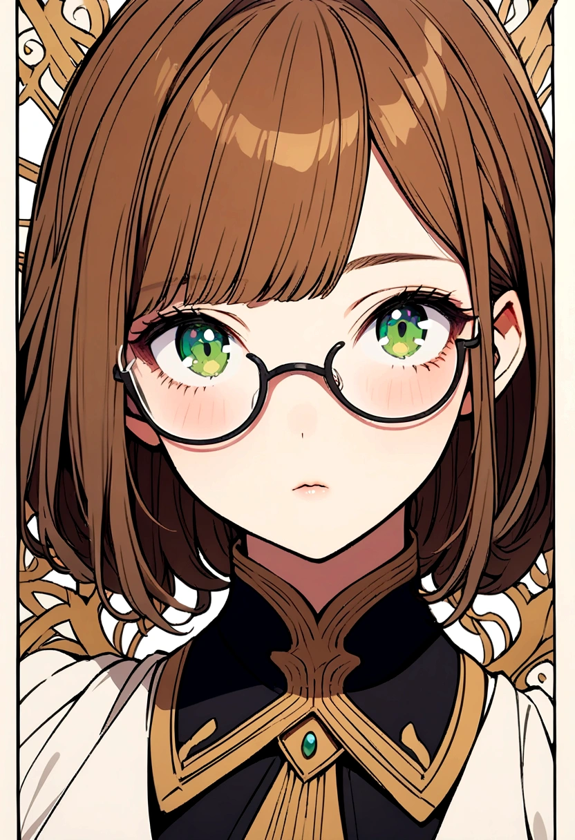 Girl with bangs, green eyes, brown hair with black streaks, thin frame glasses. 