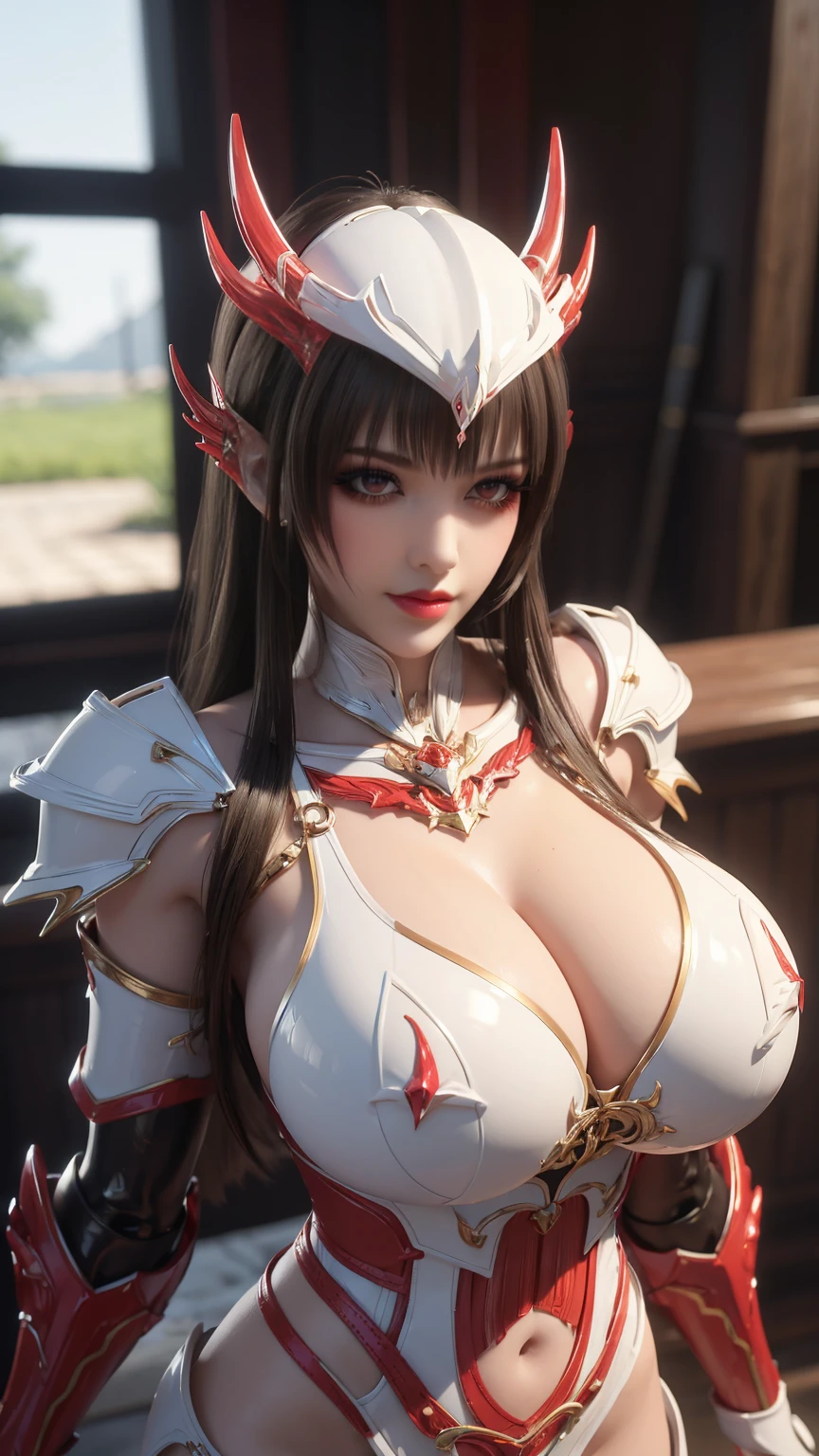 A BUSTY , CLOSE UP UPPER BODY,SOLO, ((DRAGON MECHA HORN)), (GIGANTIC FAKE ,CLEAVAGE TOP,11 LINE ABS:1.5), ((WEARING OUTFIT WHITE,RED,BLACK DRAGON MECHA  TRANSPARANT ARMOR:1.5)), (MUSCULAR BODY SHAPE:1.5), (CLEAN GLOSSY BODYSKIN:1.5), (LOOKING AT VIEWER:1.6), (BACKGROUND FUTURISTIC SPACE STATION:1), (PHOTOREALSITIC:1.4), (ULTRA-DETAILLIERT), (TOP-QUALITY), (BEST SHADOWS), BRIGHT LIGHT IN ROOM, HYPER TEXTURE, (4X MSAA), ((UNREAL ENGINE 5 RENDER)), (NEON), PHYSICALLY-BASED RENDERING, ULTRA HIGHT DEFINITION, 16K, 1080P.