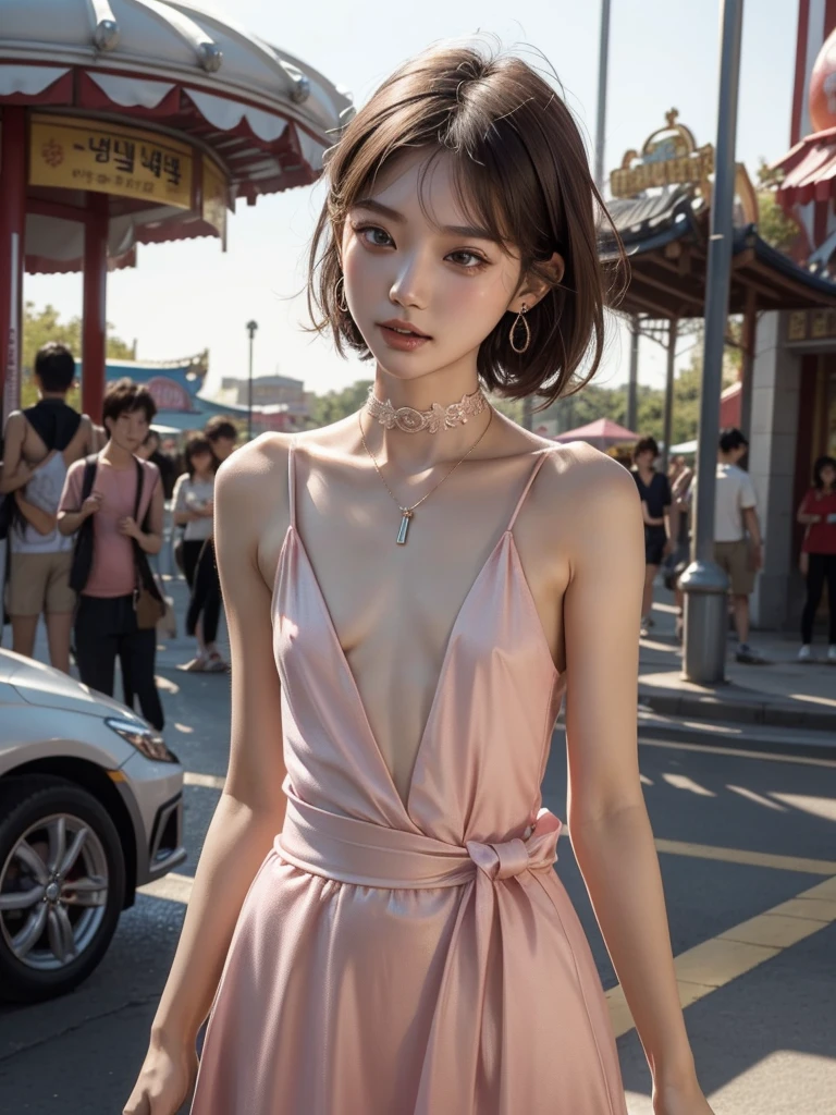 8K, RAW Photos, Fujifilm, ((Highest quality)), ((masterpiece)), (detailed), ((in the Amusement Park)),((one girl)),(()),長い髪と白いトップを持つアラフェアジア人woman, (no ),美しい韓国人woman, 美しい若い韓国人woman, Young and adorable Korean face, ゴージャスな若い韓国人woman, Korean Girls, Girl cute beautiful face, 韓国のwomanアイドルの肖像, Young and pretty Asian face, Cute natural anime face,Asian pretty face,((glistening eyes)),((glistening eyes )),((large eyes)),(( pretty eyes)),(()),(detailed),Perfect Face,((One girl)), ((clear eyes)),(scrawny：weight1.0〜2.0)iris, Elevation, space, (Natural Light), Dramatic lighting, Chiaroscuro, Emotional depth,woman,(()),((show off )), ((flat chest:1.5 )),,slender, (a short bob),(well-groomed hair),delicate,Small breasts,((Small breasts)),the body is slender,Beauty,Beauty,4K quality,Young face,Big eyes,Brown eyes,Perfect Face, 17years old,breasts are very small,Model Body Type,((scrawny:1.2)),Cute Face,Pink ,Symmetrical eyes,Glowing eyes,Natural smile,((Always show your boobs)),((Gaunt)),beautiful,((a short bob)), ((half body)),(  models hoot style),((intricate choker necklace)),(embarrassed blush:1.3),(steam:0.8),(wet:0.8),(sweat:0.8),(trembling:1.3),(parted lips:1.4),(harf open eyes:1.6),(feeling weak:1.5), (lips),(intricate earrings),(()),((woman posing for a photo)),Photo from the waist up, Fine-boned face,  skirt
