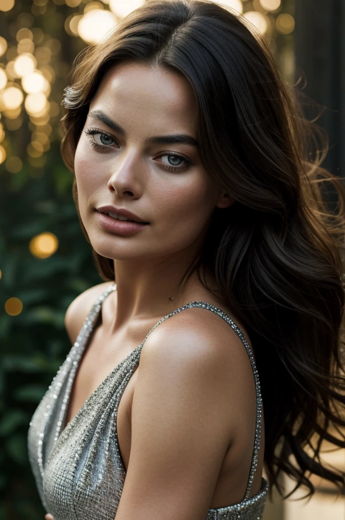 beautiful woman with long dark hair, similar to margot robbie, face in extremely detailed and high quality 4k, facing the camera, perfect lighting on her face, 4k, photorealistic, masterpiece, high quality, extremely detailed, cinematic lighting, dramatic pose, elegant, sensual, center the image, Visual effects, Sound effects, Incredibly detailed and complex, hyper maximalist, elegant, hyper realistic, super detailed, dynamic pose, woman posing for a photo, portrait
