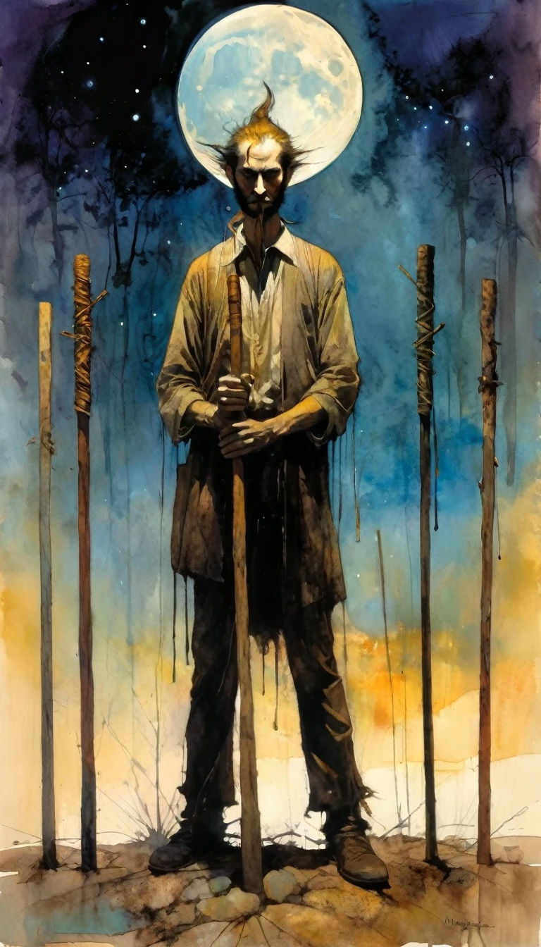 atractive man, holding a wooden stick, six  wooden posts stuck in the ground, the moon (Bill Sienkiewicz inspired art, intricate details, oil painting)
