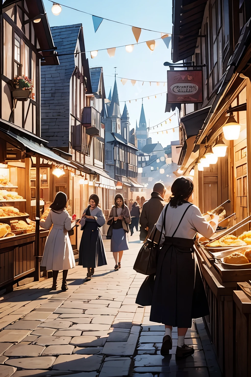 Transition Shot Prompt: "Craft an 8K, Pixar-Disney esque, cinematic image of the cobblestone streets and picturesque thatched-roof cottages of Ardenwood. Display villagers in intricately detailed clothing reminiscent of a timeless fairy tale, engaging in their daily routines—such as a baker balancing freshly baked bread on his arm, a blacksmith hammering away at the forge, and families laughing as they enjoy the bustling market square. The streets should be adorned with vivid flowerbeds, ornate street lamps, and whimsical signs for local shops. Capture this scene from a