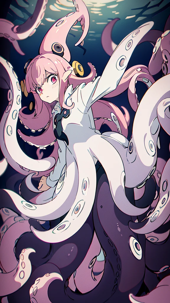 ((best quality)), ((highly detailed)), absurdres, (detailed eyes, deep eyes),1girl,20 years old,solo,long hair,pink hair,(white shirt,black standart tie,black skirt),dynamic pose, cowboy shot, (((scylla))), (((octopus girl))), standing, (tentacles:1.33), (suction cups:1.33), (fused:1.33), ((tentacle legs)), squidlegs, ((underwater,sea, aurora,night)),leaning forward, serious,cute