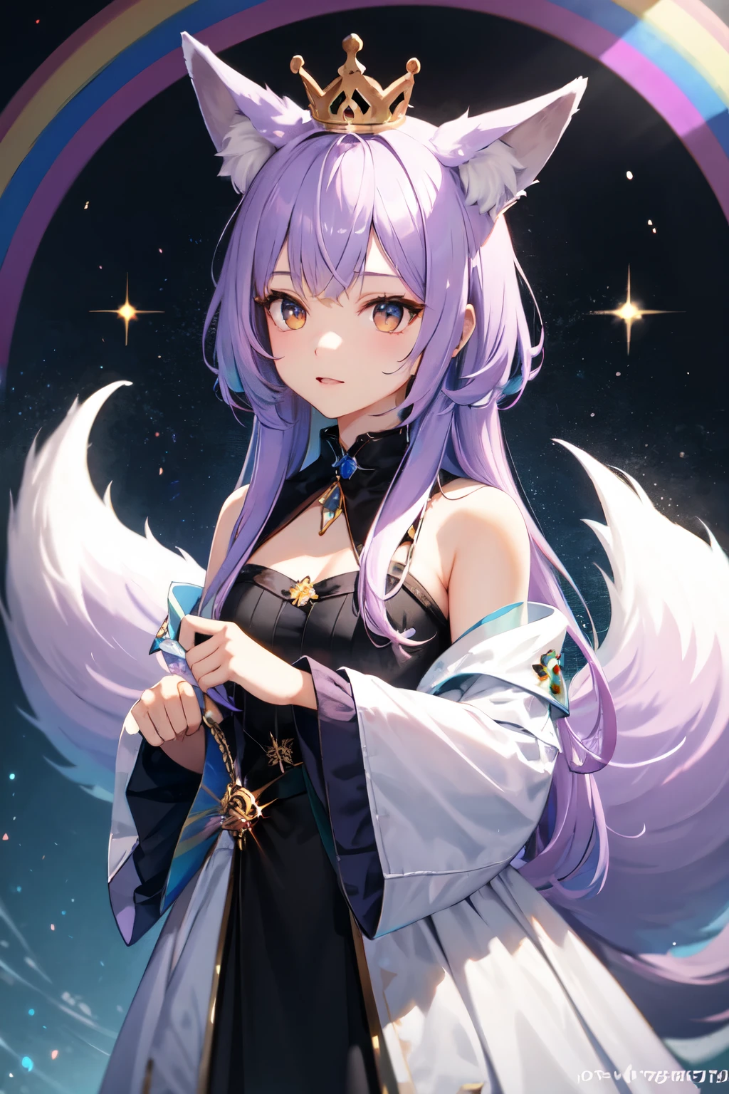 humanoid fox with crystal crown, light purple hair, fox ears, fox tails, rainbow background, and rainbow aura