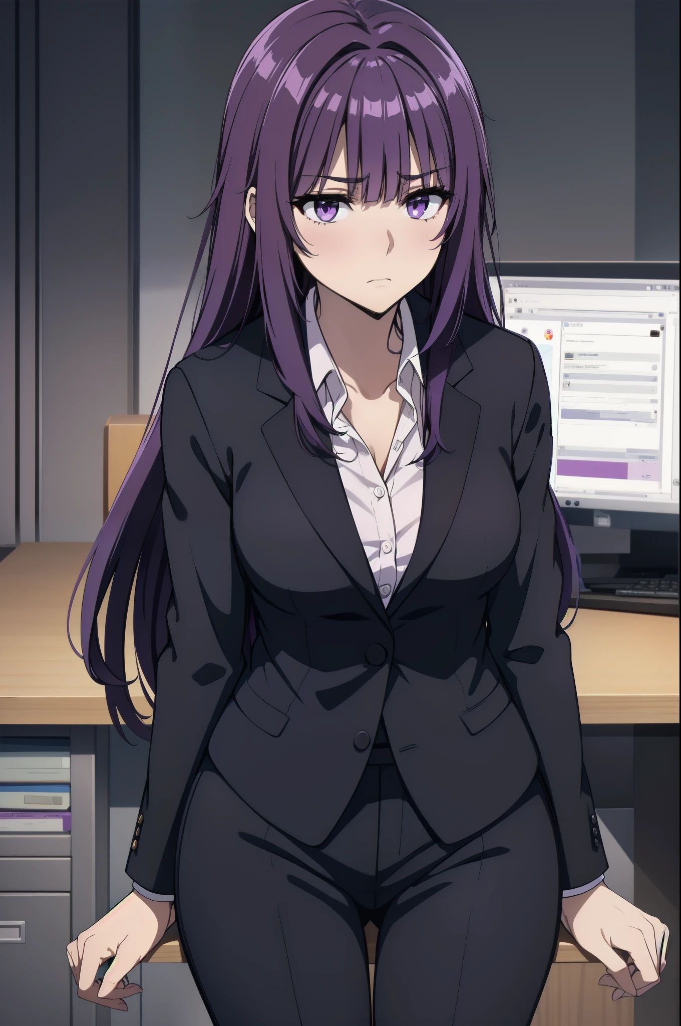 purple hair,,long hairpurple eyes,(((office suit,)))(disgust,looking disgusted, abhore),in the office,sitting on the office chair
