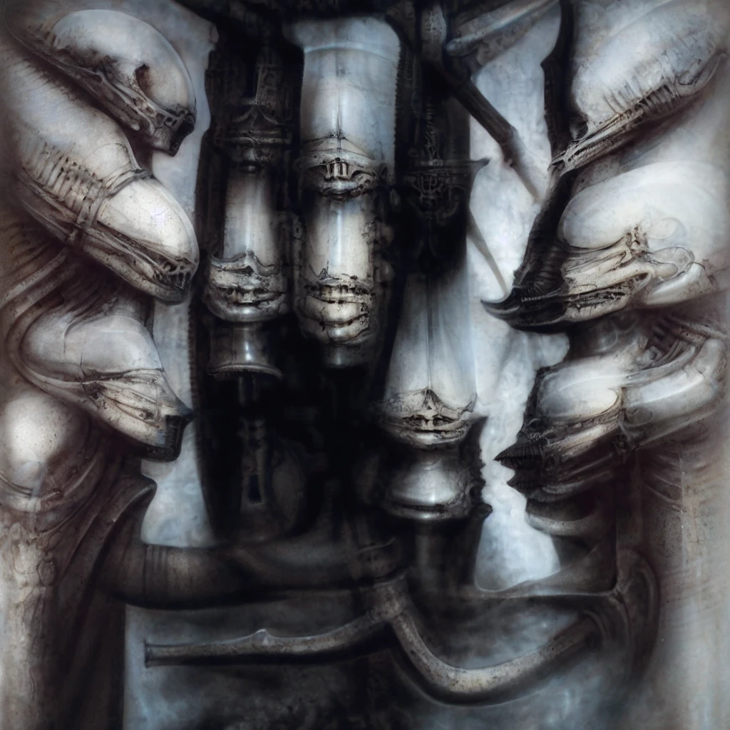 The image is a detailed view of H.R. Giger's \" Landscape XVI \" plate, featuring a complex network of bones and organs in a purple-brown hue ,swirling gray and brown colors. The artwork is silver and purplish brown, with an ivory bones prominently displayed. The image is highly detailed and intricate, almost like a 3d version of a medical diagram
The image is an artistic representation of a mechanical structure with pipes and gears, with a skeletal creature and a windmill blade.
biomechanical landscape by Hans Rudie Giger composed of fossilized and mummified alien life forms. Image depicts a strange and dreamlike, combines biological and mechanical ,managed to dreamlike quality. Centralized recognizable shapes of skulls, rib cages, and spines, all intertwined with tubes and cables. These shapes suggest fossilized mummified alien life forms. Central skeletal structures and what appears to be a ribcags of ivory in the foreground are the most identifiable organic elements. The mechanical elements are evident in the wires and tubes emanating from the skeletals, as well as the smooth metallic tubes. In the background shapes are visible that could be interpreted as other fossilized or mummified alien life.
Light source from the top highlights skeletals, upper part of foreground, lower part of image is in shadow.
The piece is a tableau, most likely created with a India ink pen or pencil on paper, determined by the thin lines, shading techniques, and the texture of the paper, which is visible around the edges.
used is pen, given the shading and variations in line weight visible in the image. One have used a variety of pencils with different degrees of hardness to achieve the shading effects
The style is clearly biomechanical. Features combination of organic and mechanical forms. Mechanical elements dominate the composition, there are subtle organic hints. The use of undersaturated purple-grays dark contrasts creates a stark and graphic look. Is used a variety of l