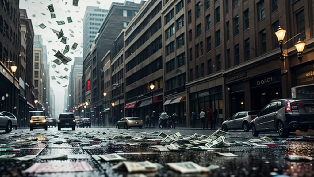bags of cash falling from the sky, cash scattered all over the street, cinematic action, masterpiece, super detail, textured skin, atmospheric perspective, 