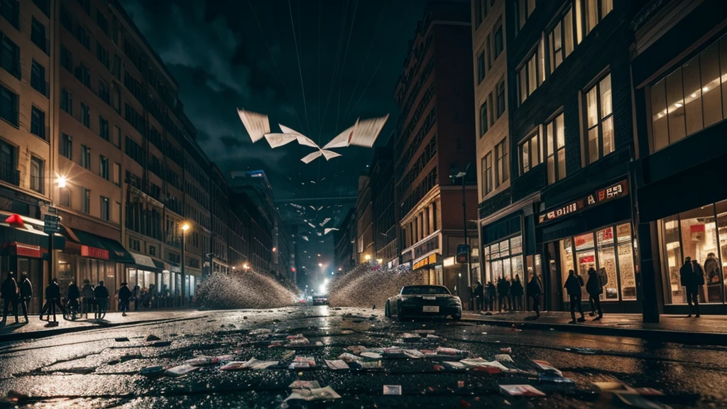 bags of cash falling from the sky, cash scattered all over the street, cinematic action, masterpiece, super detail, textured skin, atmospheric perspective, 