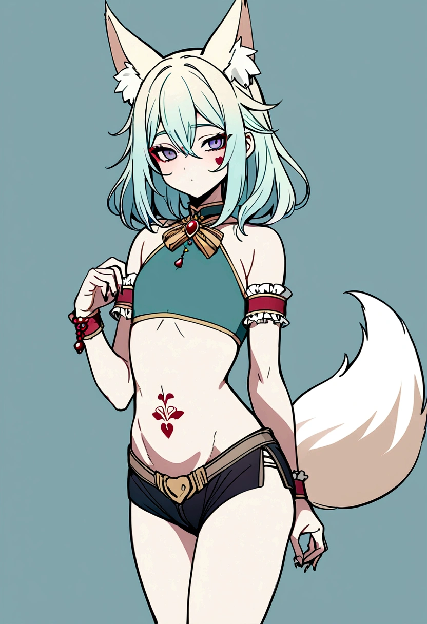 Masterpiece, High quality, High quality of art, best quality, anime lineart, Femboy, light carrot hair, fox ears, fox tail, Red eyeshadow, purple eye color, Bare belly, Femboy, military armlets, general's pants, A heavy golden bow with rubies, black-green blue clothes, hair with a small count of dark carrot hair, A longbow behind his back, half sleep eyes, Platinum bell and bow near the ear, a small shorts, Red and white rope belt, no human ears, Black heart tattoo on tummy