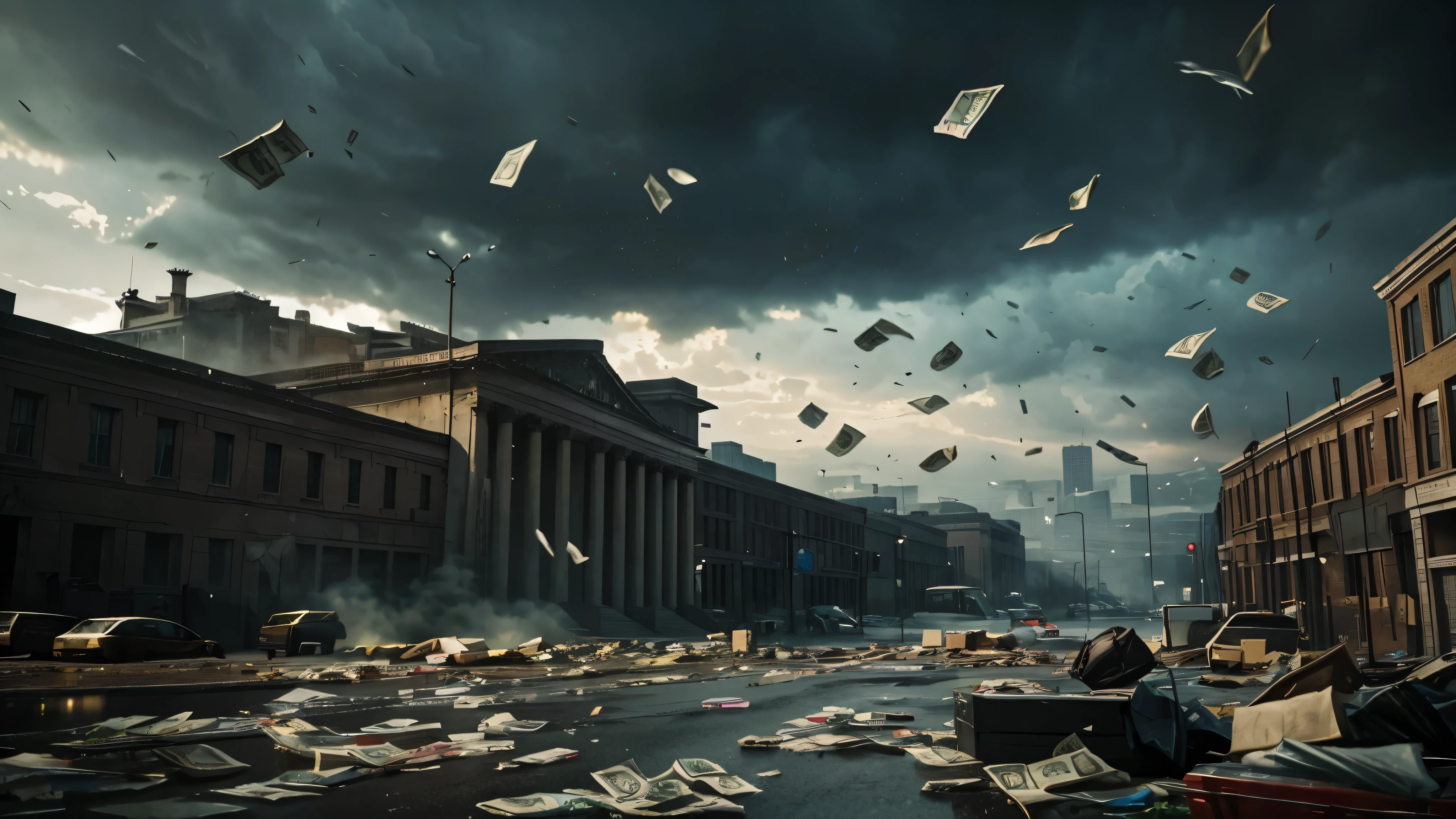 bags of cash falling from the sky, cinematic action, masterpiece, super detail, textured skin, atmospheric perspective, 