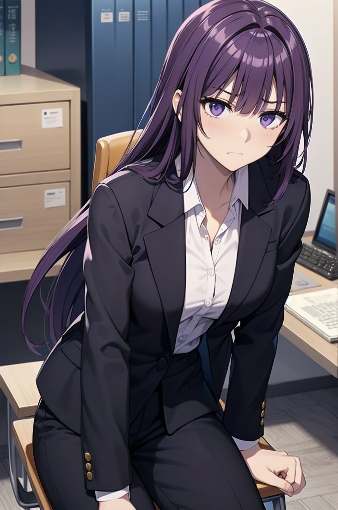 purple hair,,long hairpurple eyes,(((office suit,)))(disgust,looking disgusted, abhore),in the office,sitting on the office chair
