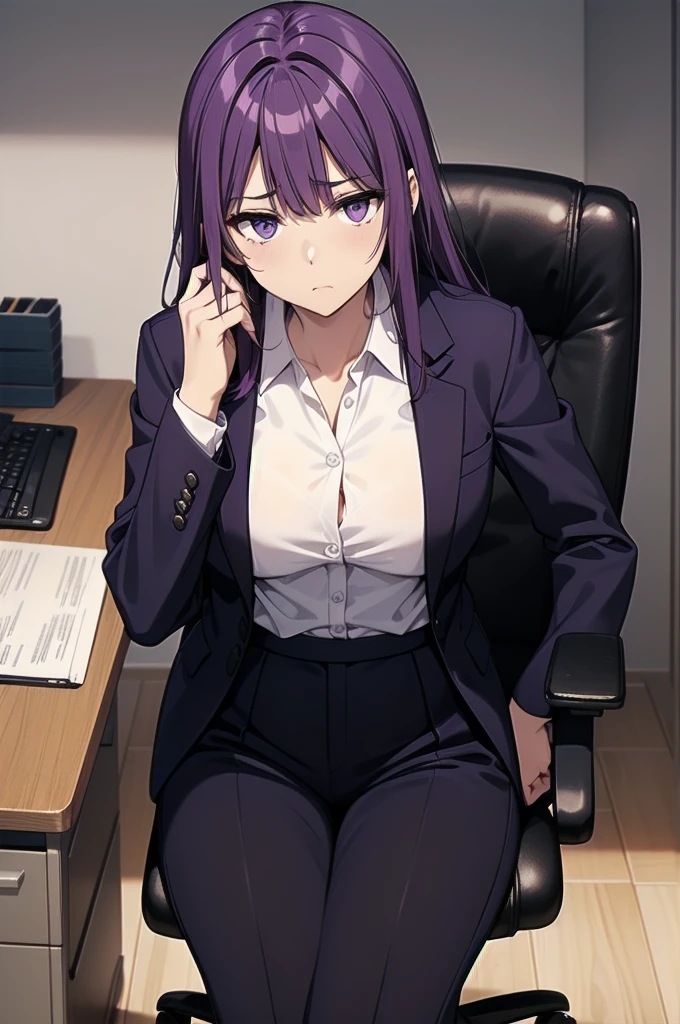 purple hair,,long hairpurple eyes,(((office suit,)))(disgust,looking disgusted, abhore),in the office,sitting on the office chair
