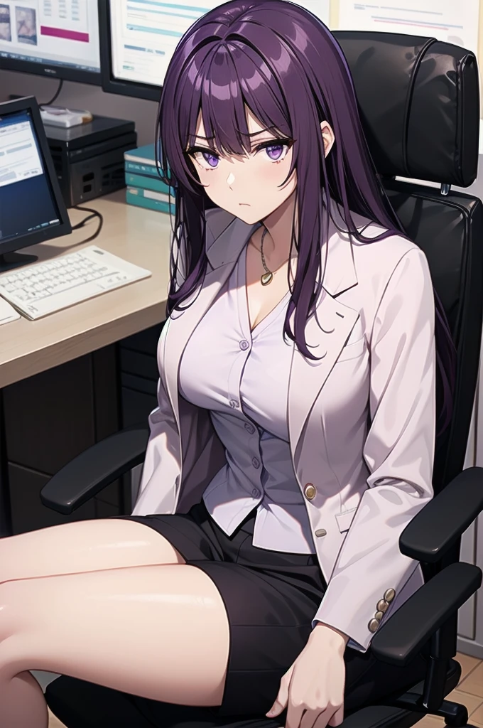purple hair,,long hairpurple eyes,(((office suit,)))(disgust,looking disgusted, abhore),in the office,sitting on the office chair