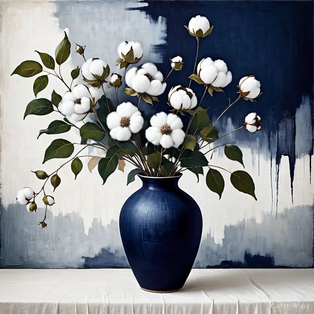 Abstract Floral still life style, vase with this cotton, white and dark navy blue, rough pastoral, intentional canvas, by Catrin Walz-Stein