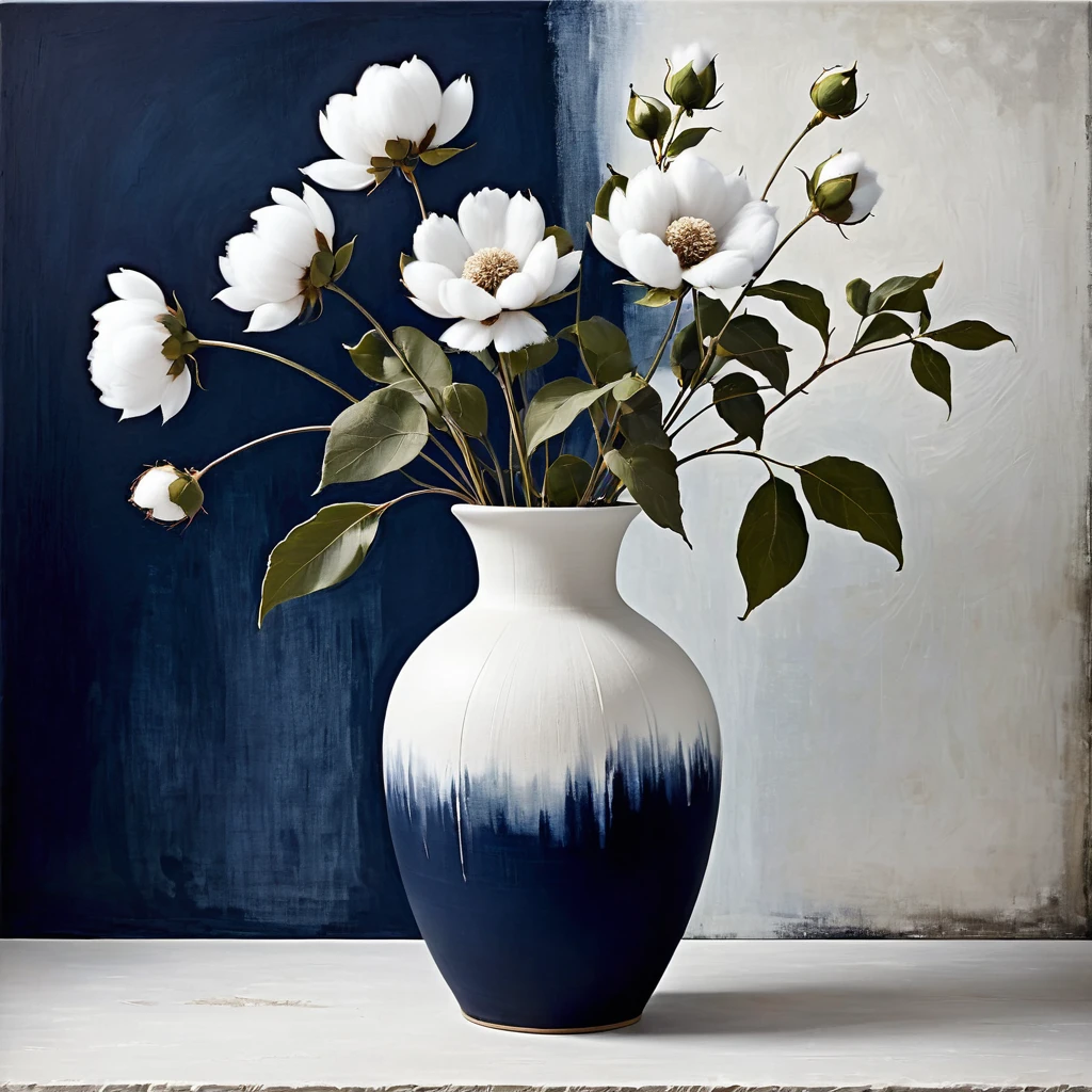 Abstract Floral still life style, vase with this cotton, white and dark navy blue, rough pastoral, intentional canvas, by Catrin Walz-Stein