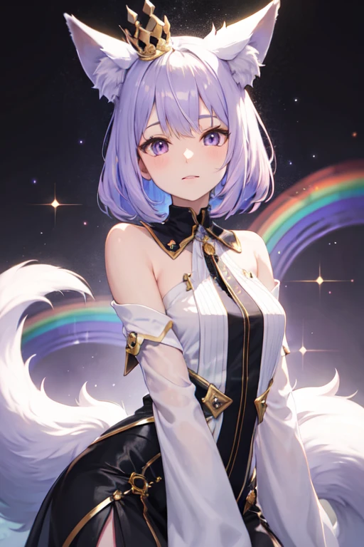 humanoid fox with crystal crown, light purple hair, fox ears, fox tails, rainbow background, and rainbow aura
