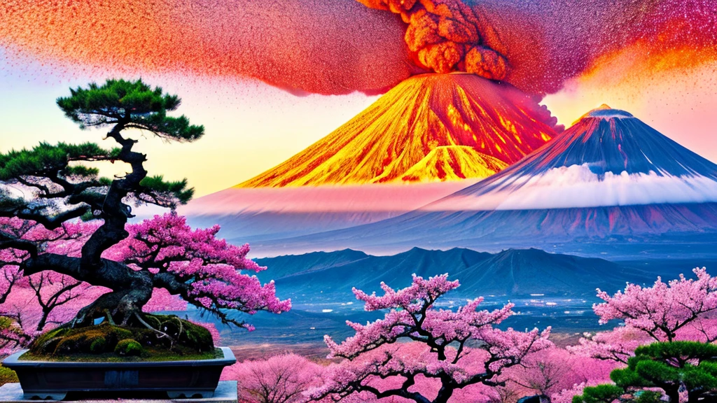 wallpaper. connecting Japanese culture and eruptic of volcano, beatiful landspace, pink bonsai tree,
pastel graphics, beatiful art, masterpiece,