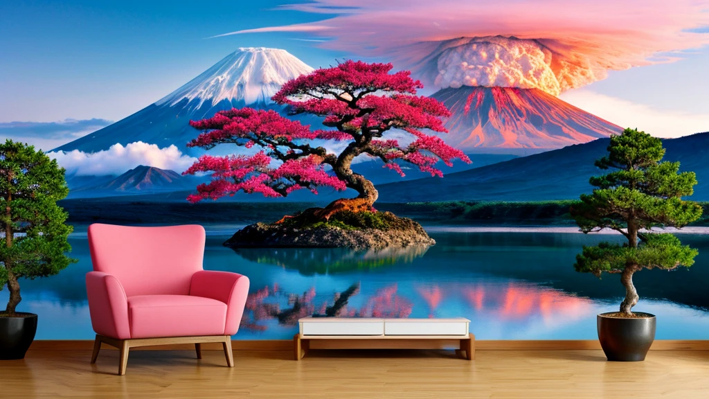 wallpaper. connecting Japanese culture and eruptic of volcano, beatiful landspace, pink bonsai tree,
pastel graphics, beatiful art, masterpiece,