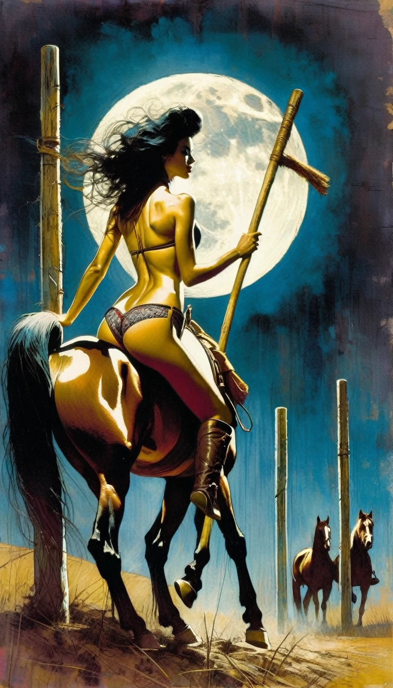 sexy woman riding a horse, holding a wooden stick, five wooden posts stuck in the ground, the moon (Bill Sienkiewicz inspired art, intricate details, oil painting)
