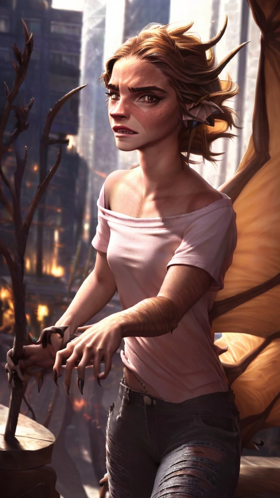 a beautiful girl with long brown hair, emma watson, sultry look, large breasts, ewt woman, transforming into a dragon, city street, t-shirt, jeans, clothes ripping, photo-realistic, intricate details, dramatic lighting, dark fantasy, cinematic, highly detailed, 8k, award winning, masterpiece, transformation, best quality