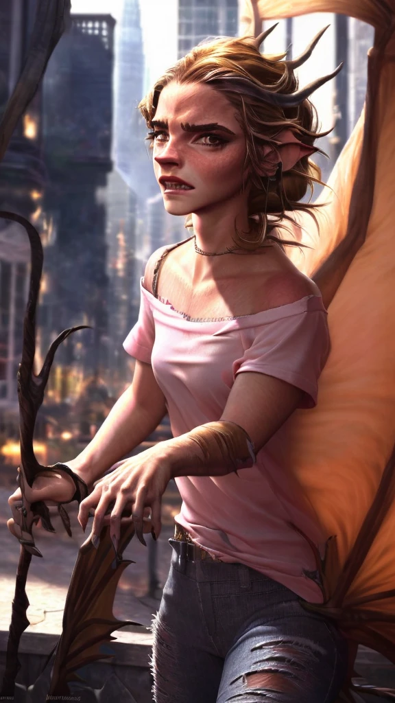 a beautiful girl with long brown hair, emma watson, sultry look, large breasts, ewt woman, transforming into a dragon, city street, t-shirt, jeans, clothes ripping, photo-realistic, intricate details, dramatic lighting, dark fantasy, cinematic, highly detailed, 8k, award winning, masterpiece, transformation, best quality
