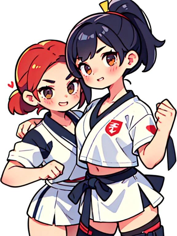 Two girls practice karate next to each other.,happy look,They are both very cute.,Short hair and ponytail.,Precisely drawn face,a high school student,anatomically correct tre,perfect proportions,precise fingers,precise fingers,oversized karate bra,white obi