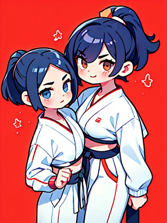 Two girls practice karate next to each other.,happy look,They are both very cute.,Short hair and ponytail.,Precisely drawn face,a high school student,anatomically correct tre,perfect proportions,precise fingers,precise fingers,oversized karate bra,white obi