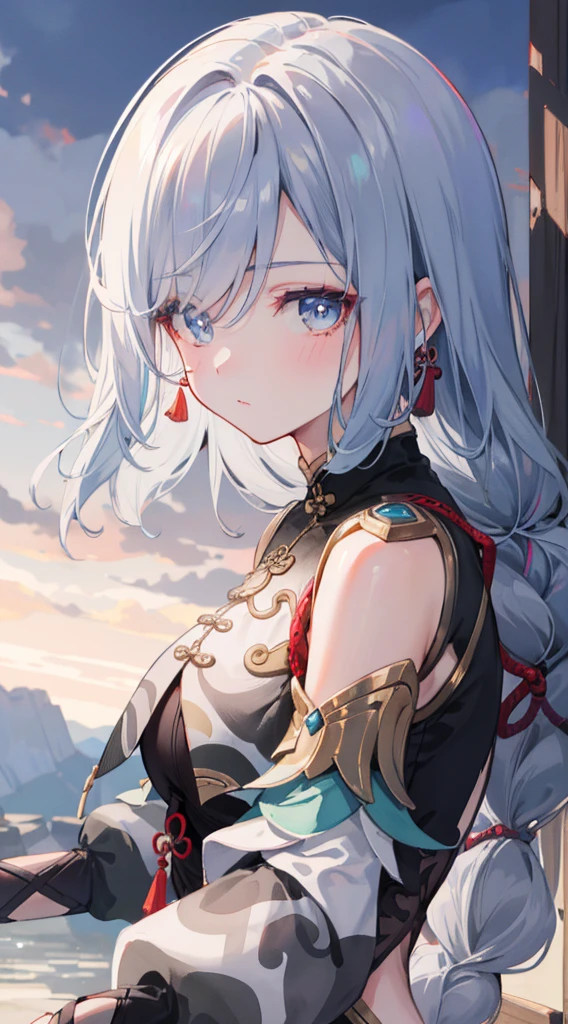 shenhedef, upper body, serious expression, blush, outdoors, night, liyue house background, dark moon sky, short hair, sky, beautiful nature surrounding near canyon, looking at viewer, mountain, moody lighting, (perfect detail eyes:1.2), glowing eyes, (long hair one braid:1.2),
(Masterpiece, Best Quality, High Quality:1.4), professional artwork, Intricate Details, field of view, sharp focus, detailed painting, photorealistic lighting, trending on pixiv, (vivid lighting, vibrant colors:1.05), realistic shadows, ambient occlusion,