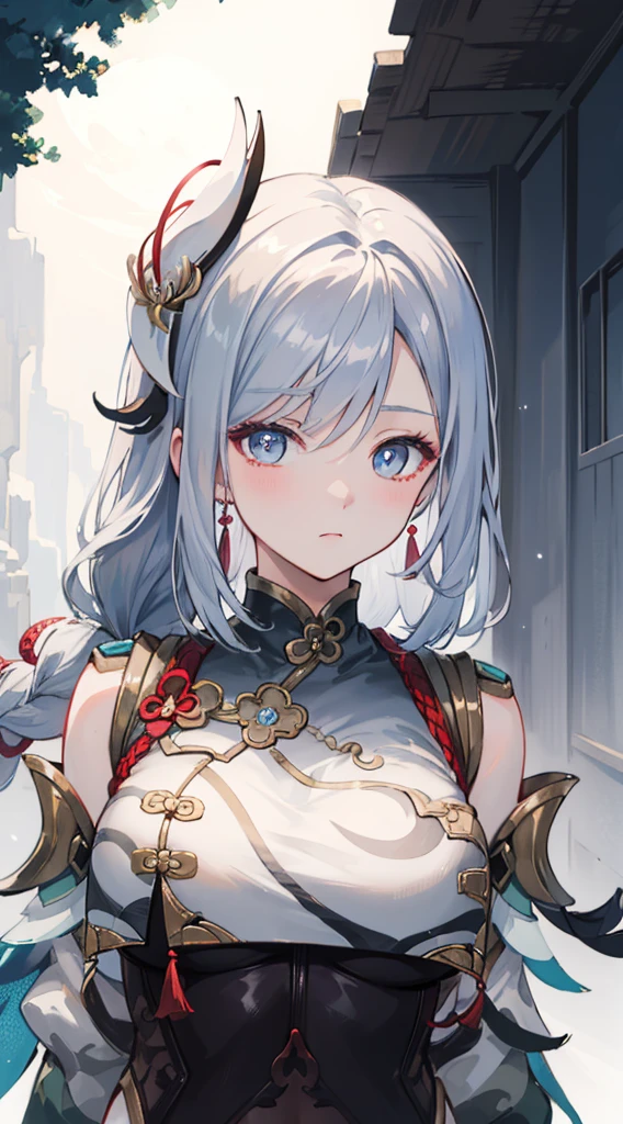 shenhedef, upper body, serious expression, blush, outdoors, night, liyue house background, dark moon sky, short hair, sky, beautiful nature surrounding near canyon, looking at viewer, mountain, moody lighting, (perfect detail eyes:1.2), glowing eyes, (long hair one braid:1.2),
(Masterpiece, Best Quality, High Quality:1.4), professional artwork, Intricate Details, field of view, sharp focus, detailed painting, photorealistic lighting, trending on pixiv, (vivid lighting, vibrant colors:1.05), realistic shadows, ambient occlusion,