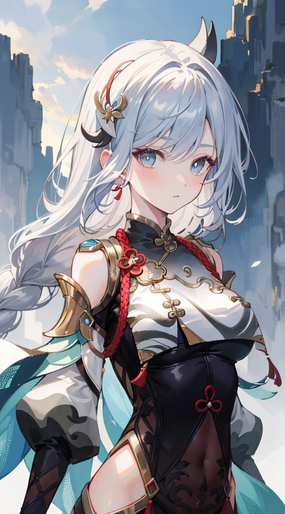 shenhedef, upper body, serious expression, blush, outdoors, night, liyue house background, dark moon sky, short hair, sky, beautiful nature surrounding near canyon, looking at viewer, mountain, moody lighting, (perfect detail eyes:1.2), glowing eyes, (long hair one braid:1.2),
(Masterpiece, Best Quality, High Quality:1.4), professional artwork, Intricate Details, field of view, sharp focus, detailed painting, photorealistic lighting, trending on pixiv, (vivid lighting, vibrant colors:1.05), realistic shadows, ambient occlusion,