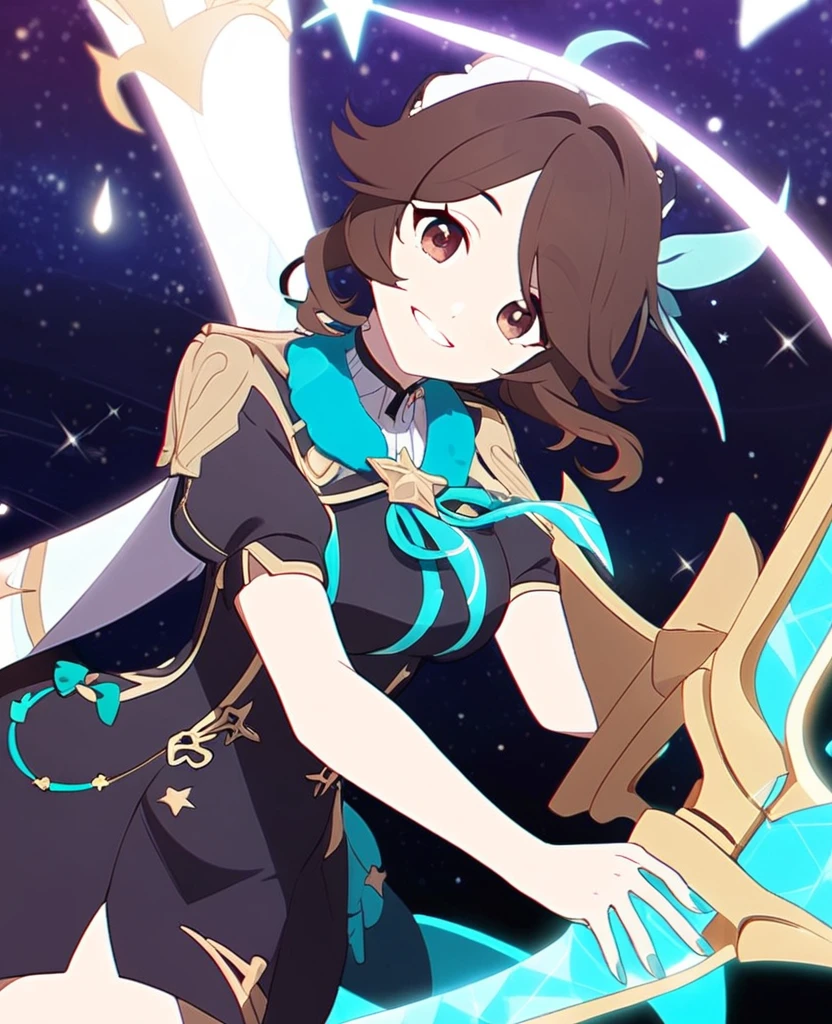 Make a Genshin Impact oc. Give her medium length, wavy teal and brown hair. Her vision/element is electro, she uses a claymore scythe as her weapon. She has a star themed, teal, purple and black outfit. Brown eyes. She is very kind, and soft-hearted. She likes space and singing. She's shipped with Venti. Mature body. Slight head tilt, and smile