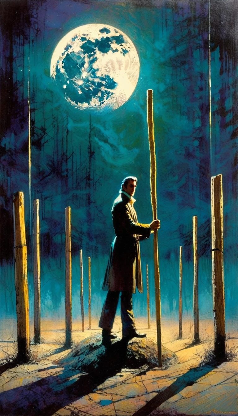 atractive man, holding a wooden stick, six wooden posts stuck in the ground, the moon (Bill Sienkiewicz inspired art, intricate details, oil painting)
