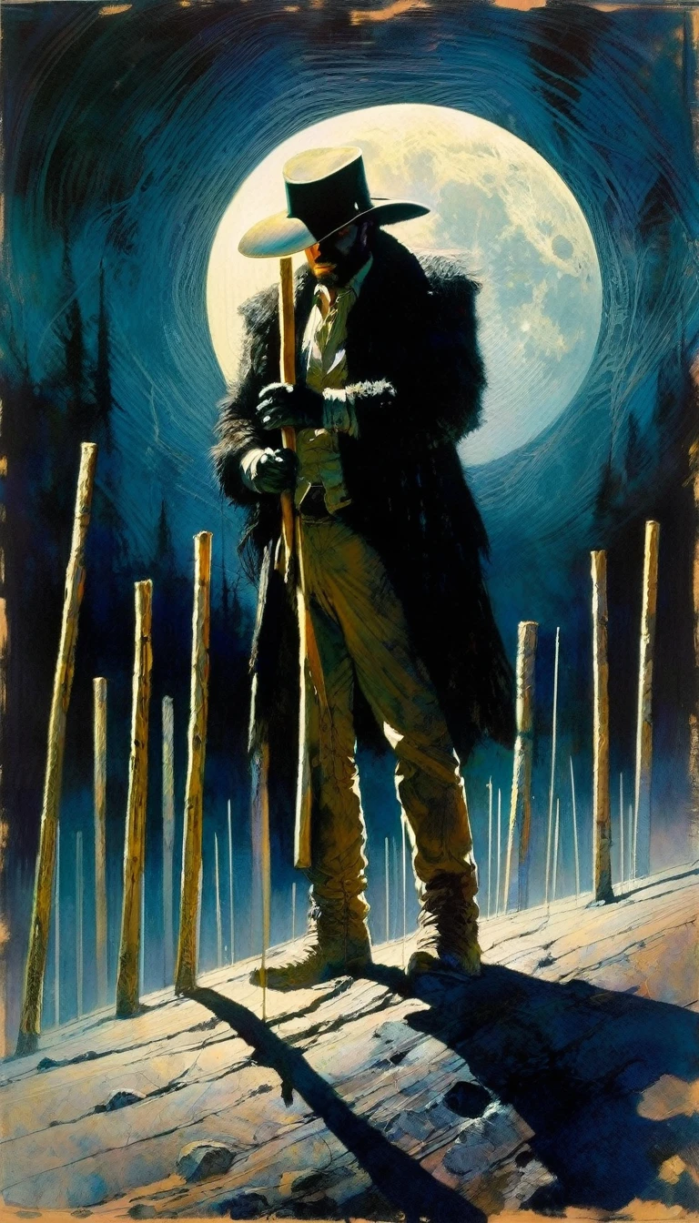 atractive man, holding a wooden stick, six wooden posts stuck in the ground, the moon (Bill Sienkiewicz inspired art, intricate details, oil painting)
