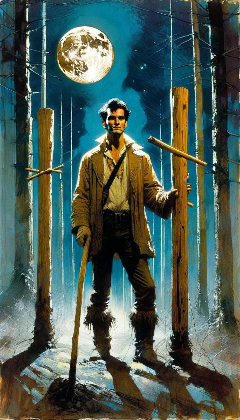 atractive man, holding a wooden stick, six wooden posts stuck in the ground, the moon (Bill Sienkiewicz inspired art, intricate details, oil painting)
