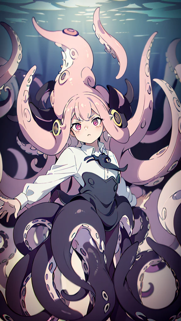 ((best quality)), ((highly detailed)), absurdres, (detailed eyes, deep eyes),1girl,20 years old,solo,long hair,pink hair,((white shirt,black standart tie,black skirt)),dynamic pose, cowboy shot, (((scylla))), (((octopus girl))), standing, (tentacles:1.33), (suction cups:1.33), (fused:1.33), ((tentacle legs)), squidlegs, ((underwater,sea, aurora,night)), serious,cute