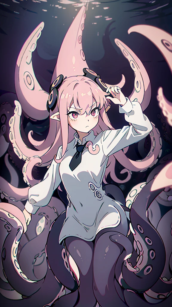 ((best quality)), ((highly detailed)), absurdres, (detailed eyes, deep eyes),1girl,20 years old,solo,long hair,pink hair,((white shirt,black standart tie,black skirt)),dynamic pose, cowboy shot, (((scylla))), (((octopus girl))), standing, (tentacles:1.33), (suction cups:1.33), (fused:1.33), ((tentacle legs)), squidlegs, ((underwater,sea, aurora,night)), serious,cute