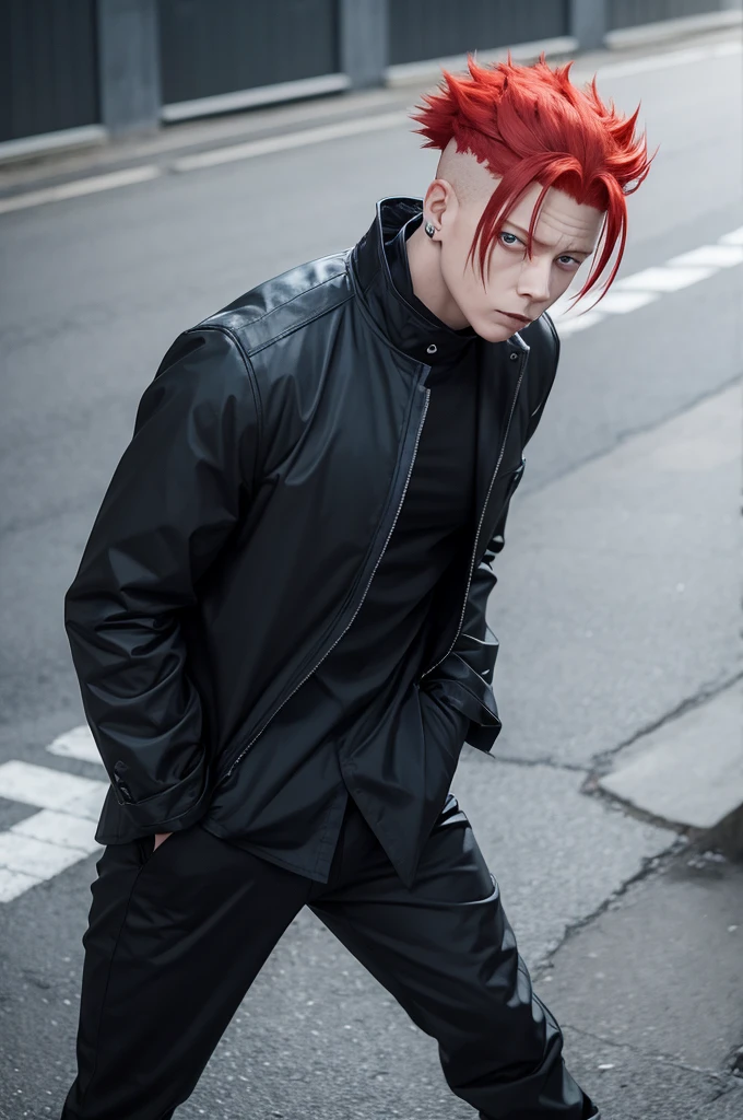 Make a character who has big red hair and wears clothes with a high collar and long sleeves (anime estilo jujutsu Kaisen)