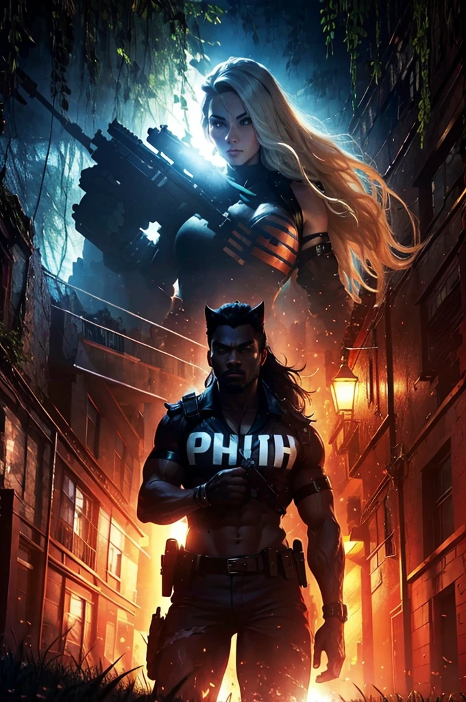 A muscular and savage black werewolf and a beautiful and perfect blonde police girl in uniform and armed in a night forest running bravely together facing the shadow monsters