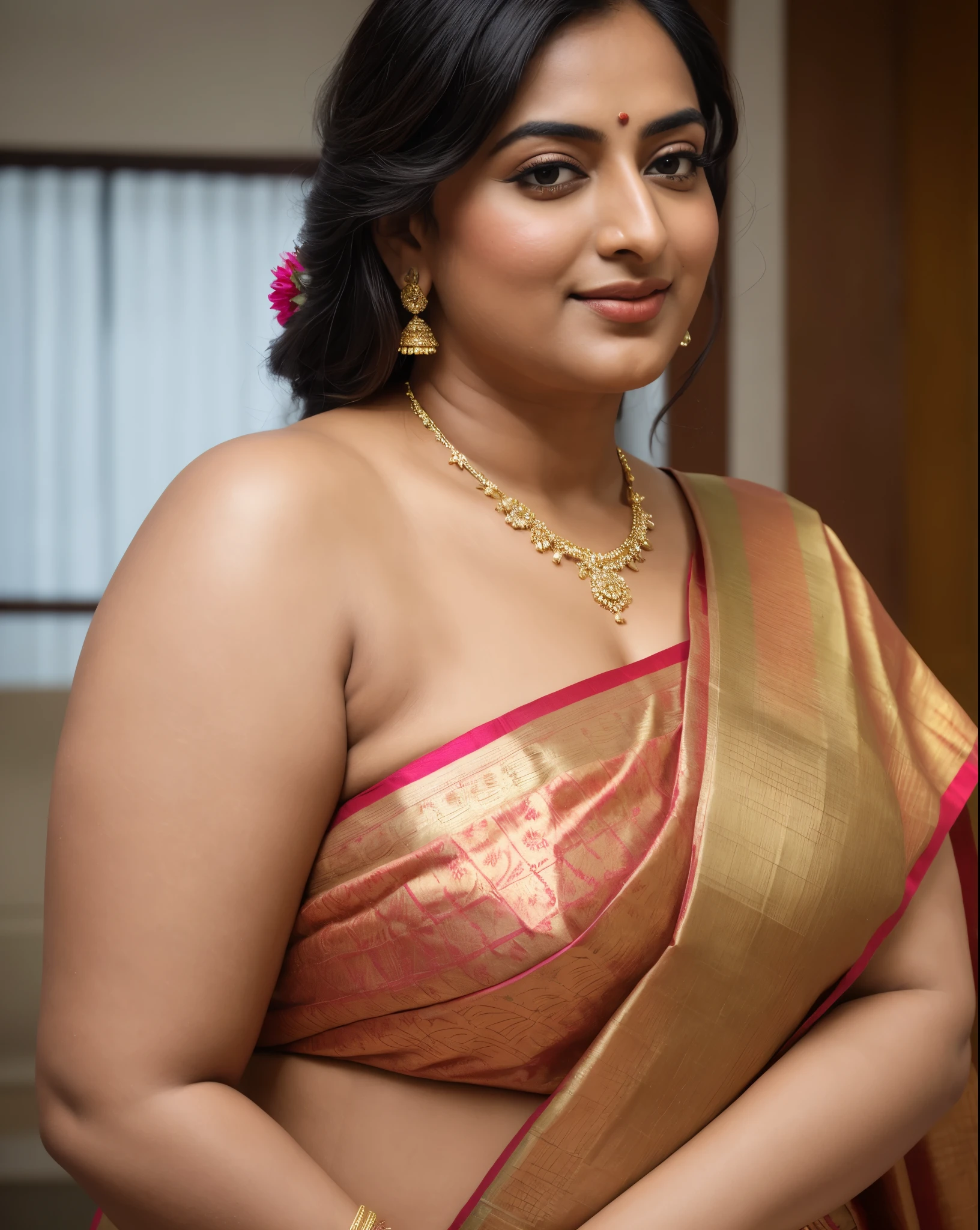 Foto RAW, photorealistic, photography, full body shot, master shot, perfect eyes, goddess like beauty, pierced eyes, perfect thick chubby mallu Desi aunty bhabhi, Wearing a Stanapatta, a chest-band.Saree model, model Photography, Indian saree shoot, Indian traditional wear advertising photography, traditional wear brand shoot, face of Indian actress Sonakshi Sinha, masterpiece, realistic, realism, incredible details, pleasure, photorealism, detailed skin, skin pores, high contrast, photorealistic Artstation 8k HD digital art trend of high definition and detailed realistic skin texture, ultra detail, realistic skin texture, armature, best quality, ultra high definition, (photorealistic:1.4),, high resolution, detail, raw photo, sweat, Re sharp, by Lee Jefferies Nikon D850 Film Stock Photo 4 Kodak Portra 400 Camera F1.6 Lens Rich Color Ultra Real Realistic Realistic Textures Dramatic Lighting Unreal Engine Trending at Art Station Cinestill 800,(pele altamente detalhada: 1.2), 8k UHD, DSLR, soft-lighting, alta qualidade, grain of film, Fujifilm XT3,she didn't like to wear blouse or bra, she is happy to wear only saree, she hates blouse or bra, detailed hairy armpits, hyper realistic skin, skin pores, sweat, veins,