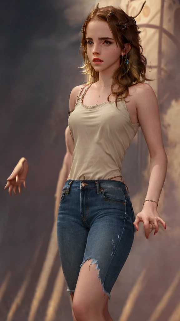 a beautiful girl with long brown hair, emma watson, sultry look, large breasts, ewt woman, transforming into a dragon, city street, t-shirt, jeans, clothes ripping, photo-realistic, intricate details, dramatic lighting, dark fantasy, cinematic, highly detailed, 8k, award winning, masterpiece, transformation, best quality