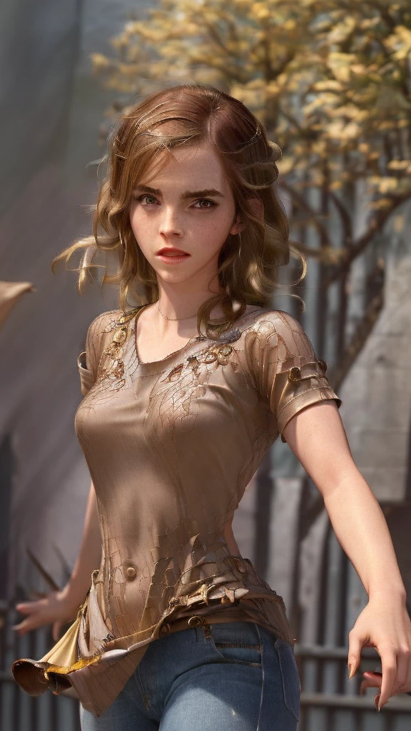 a beautiful girl with long brown hair, emma watson, sultry look, large breasts, ewt woman, transforming into a dragon, city street, t-shirt, jeans, clothes ripping, photo-realistic, intricate details, dramatic lighting, dark fantasy, cinematic, highly detailed, 8k, award winning, masterpiece, transformation, best quality