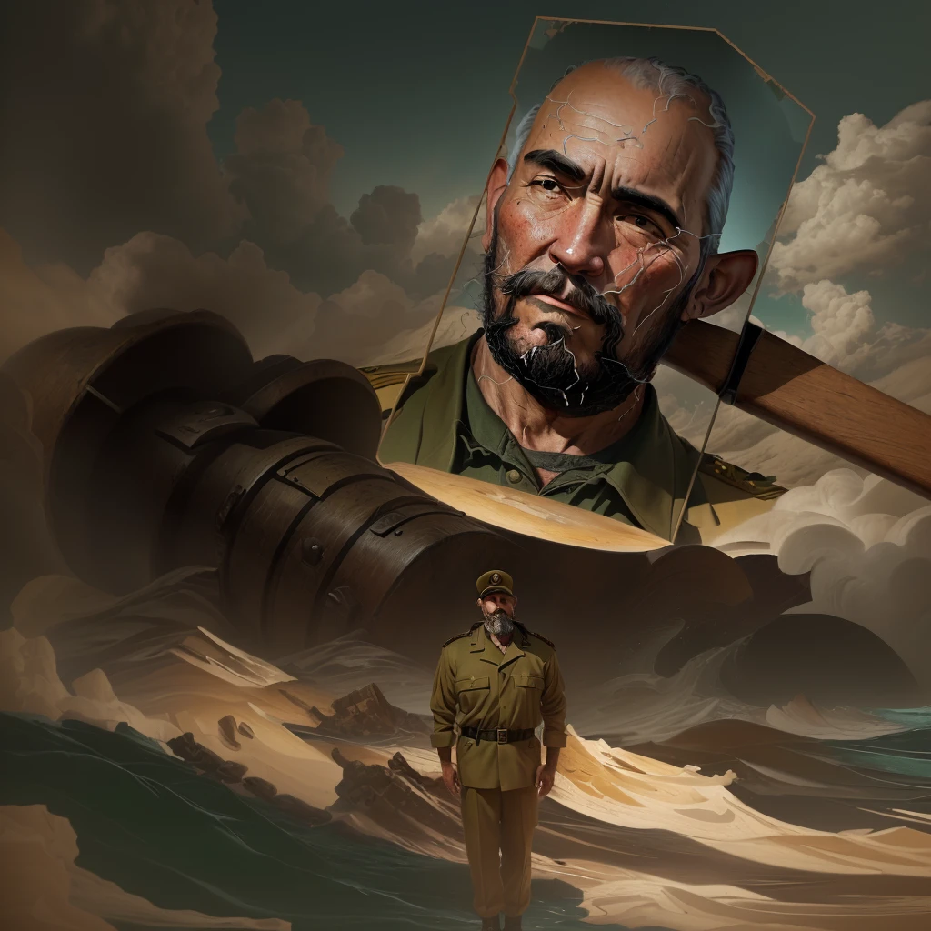 There's a man standing still, inspired by Fidel Castro, on a small island with a giant hammer, inspired by José Martí. Realistic oil painting style textures