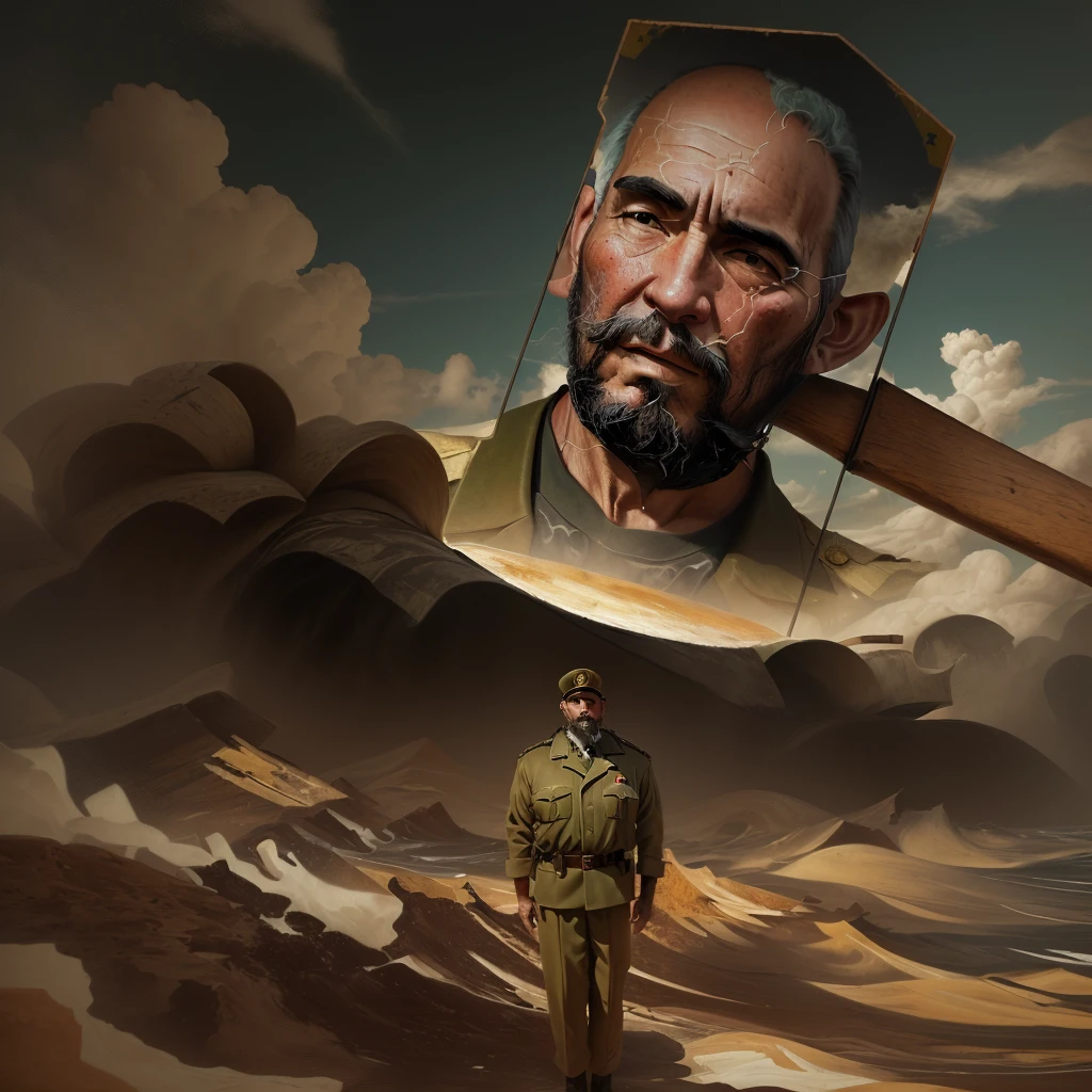 There's a man standing still, inspired by Fidel Castro, on a small island with a giant hammer, inspired by José Martí. Realistic oil painting style textures
